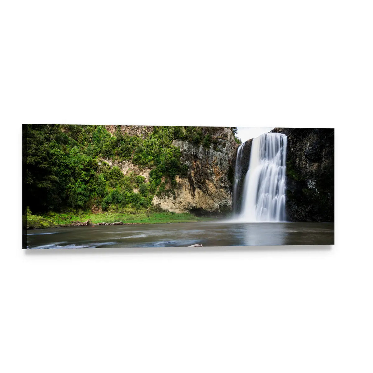 Hunua Waterfall Over Forested Cliffs Panoramic Canvas Wall Art, single panel gallery wrapped canvas, angled product view