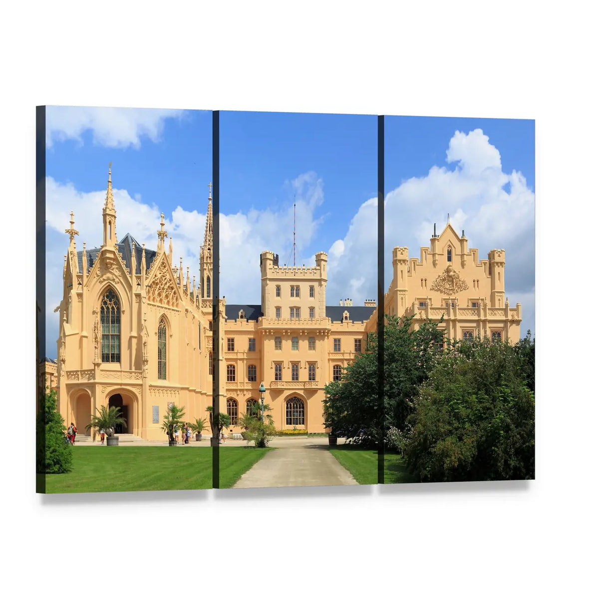 Gothic Castle with Manicured Lawn Canvas Wall Art, 3 panel 3 Horizontal layout gallery wrapped canvas set, angled product view