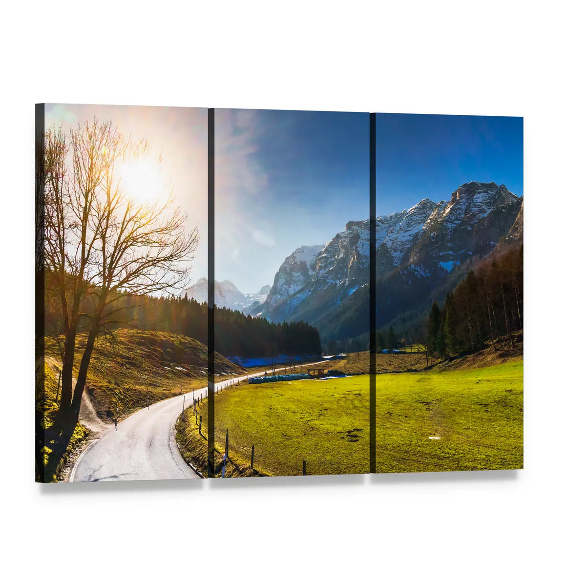 Spring Road to Snow-capped Mountains Canvas Wall Art, 3 panel 3 Horizontal layout gallery wrapped canvas set, angled product view