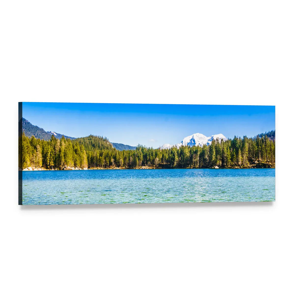 Hintersee Mountain Lake View Panoramic Canvas Wall Art, single panel gallery wrapped canvas, angled product view