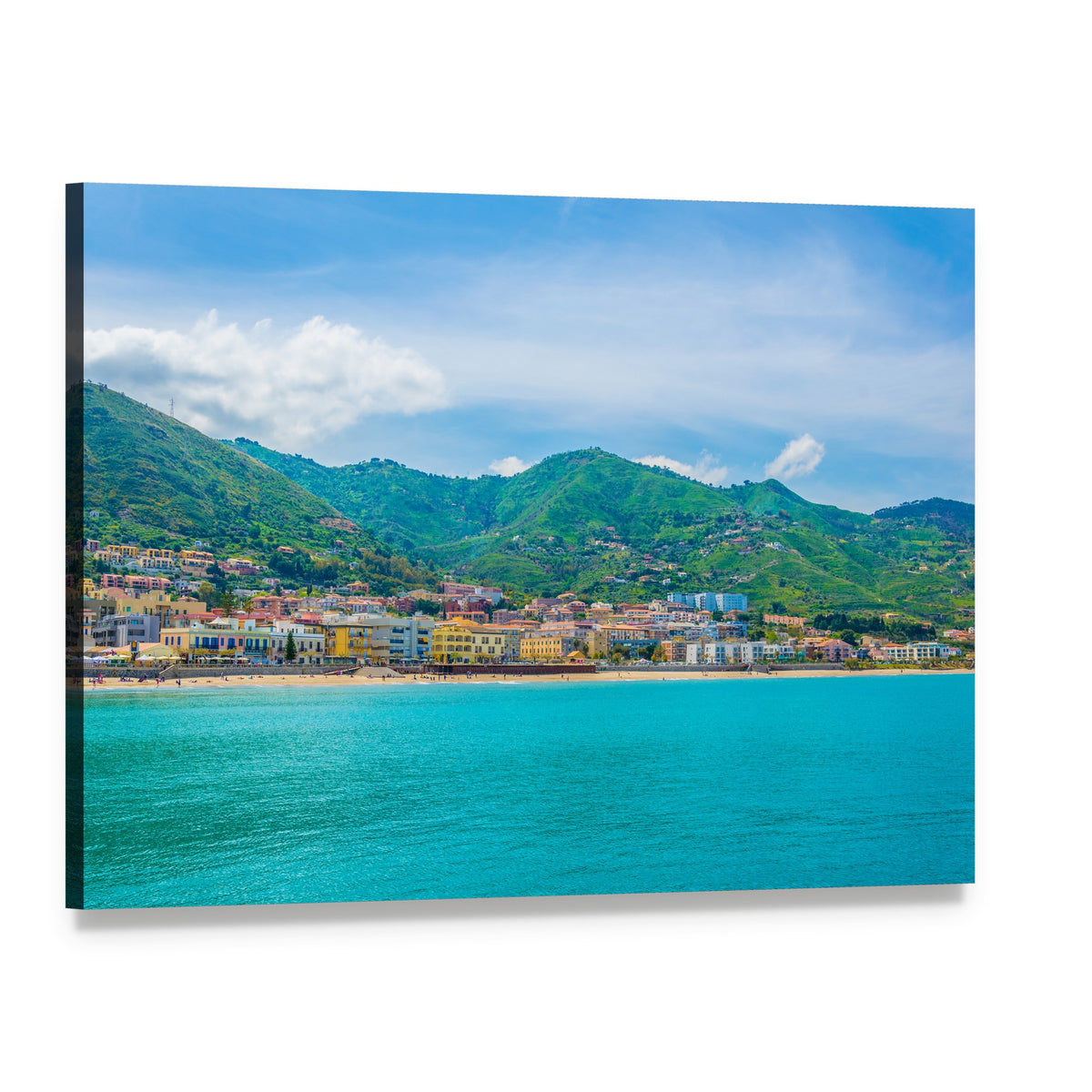 Cefalu Lake View with Colorful Coastal Town Canvas Wall Art, single panel gallery wrapped canvas, angled product view