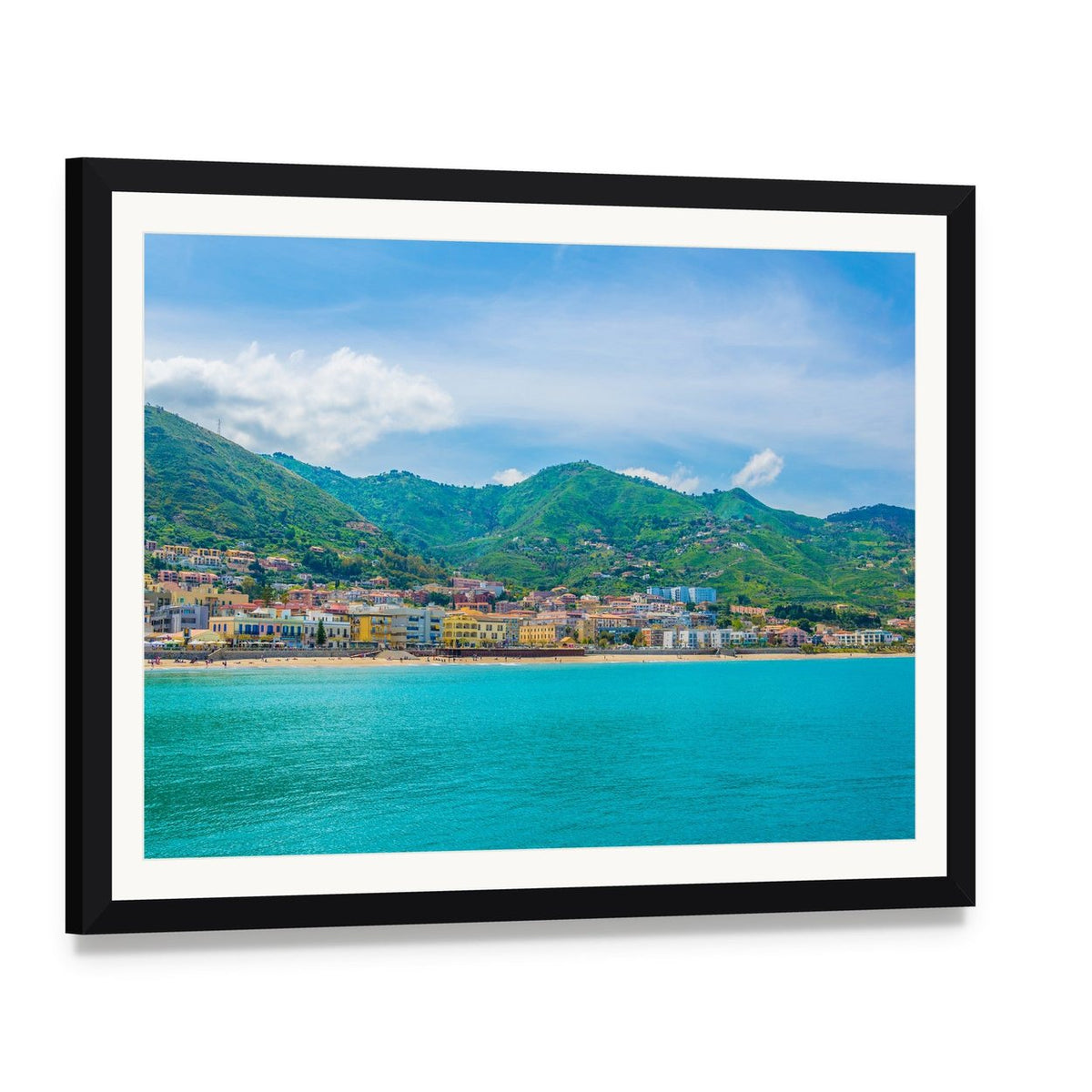 Cefalu Lake View with Colorful Coastal Town Canvas Wall Art, framed print with white mat and black frame, angled product view