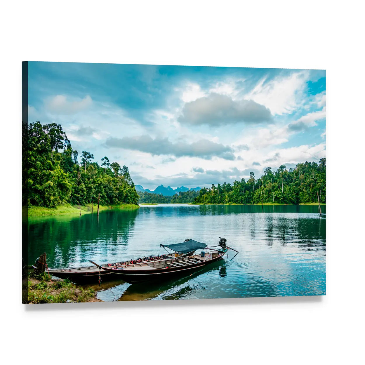 Thai Longtail Boats on Lake Canvas Wall Art, single panel gallery wrapped canvas, angled product view