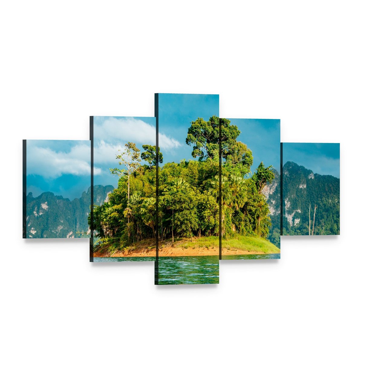 Small Island on Turquoise Lake Canvas Wall Art, 5 panel 5 Star layout gallery wrapped canvas set, angled product view