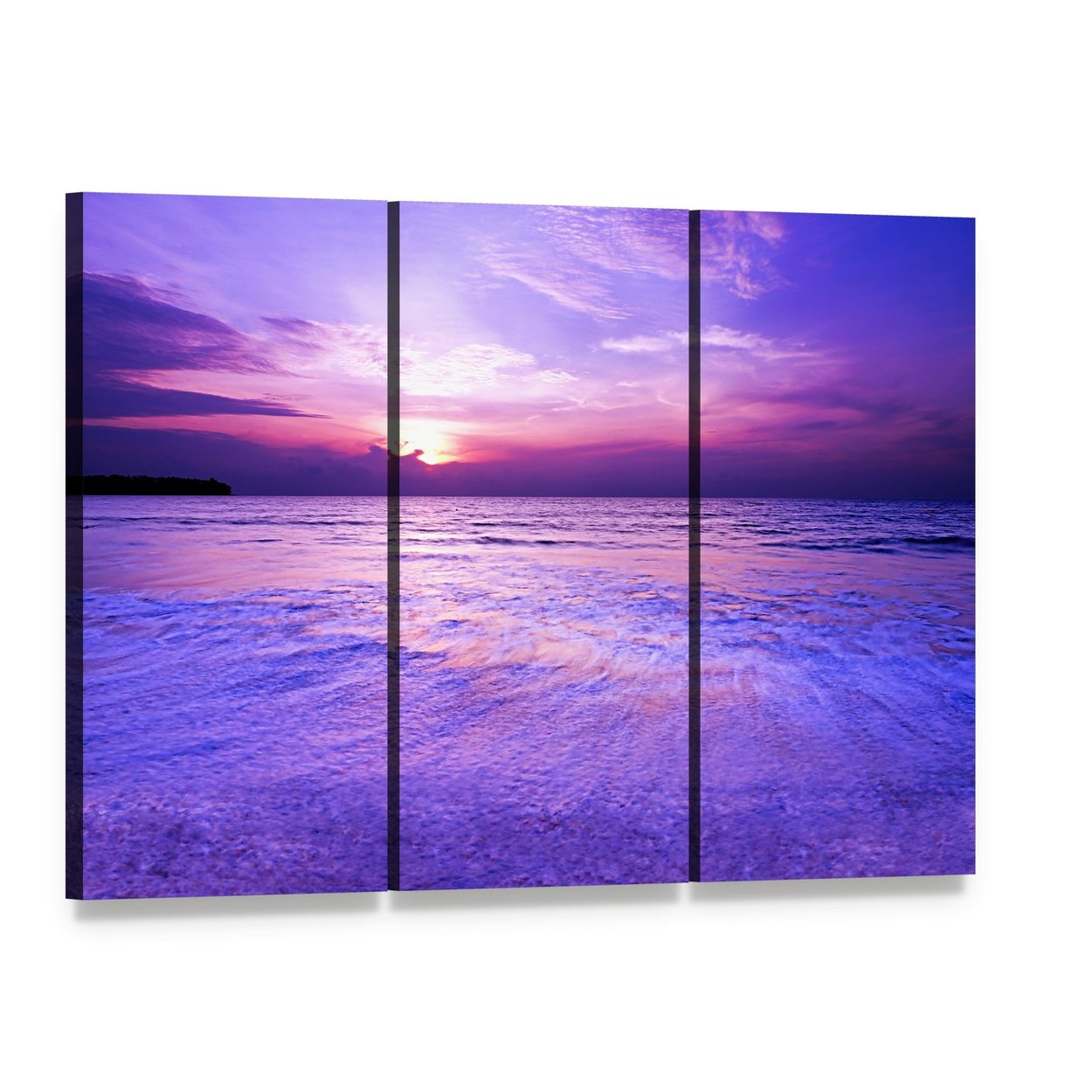 Purple Blurred Wave at Sunset Canvas Wall Art, 3 panel 3 Horizontal layout gallery wrapped canvas set, angled product view