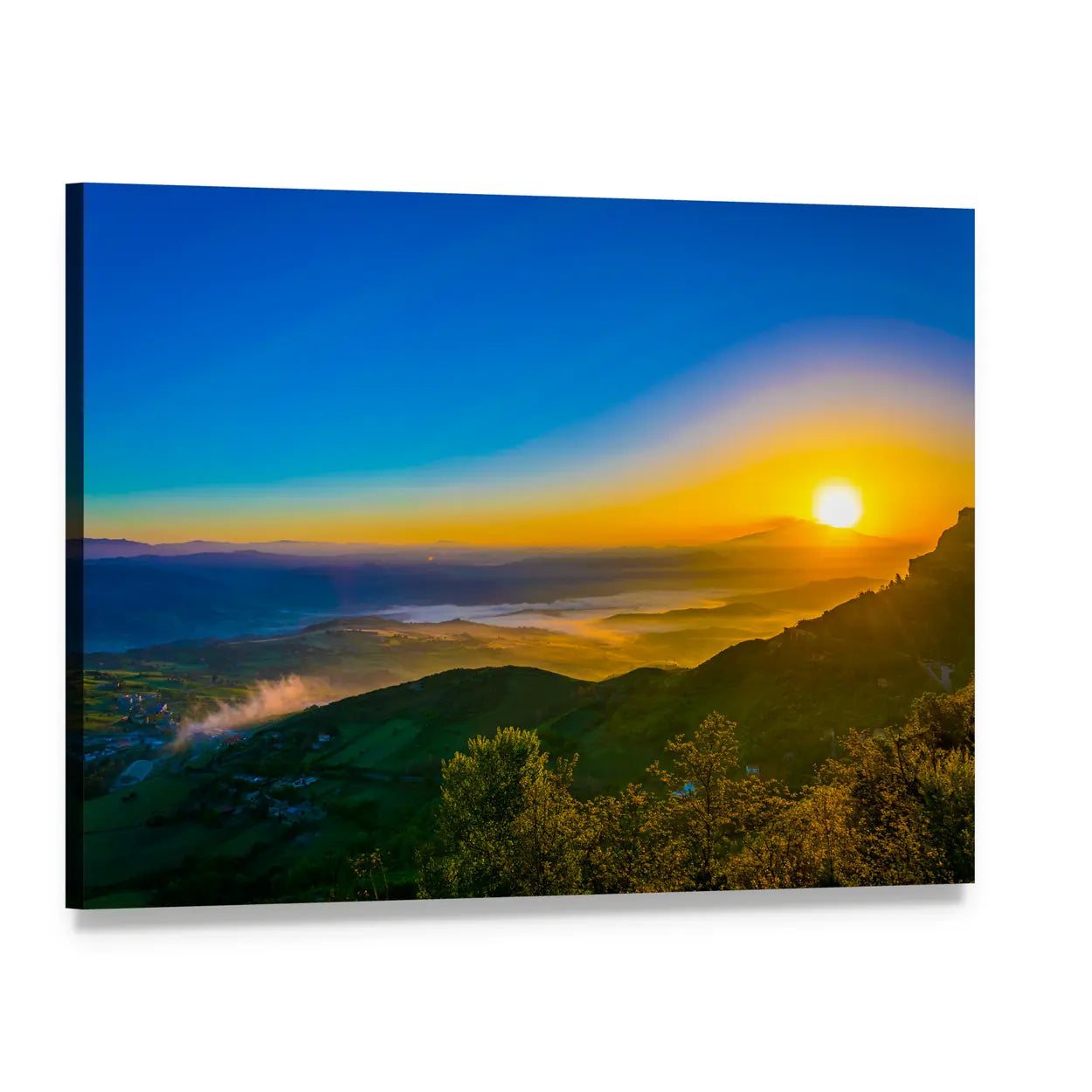 Misty Valley Sunrise Over Rolling Hills Canvas Wall Art, single panel gallery wrapped canvas, angled product view