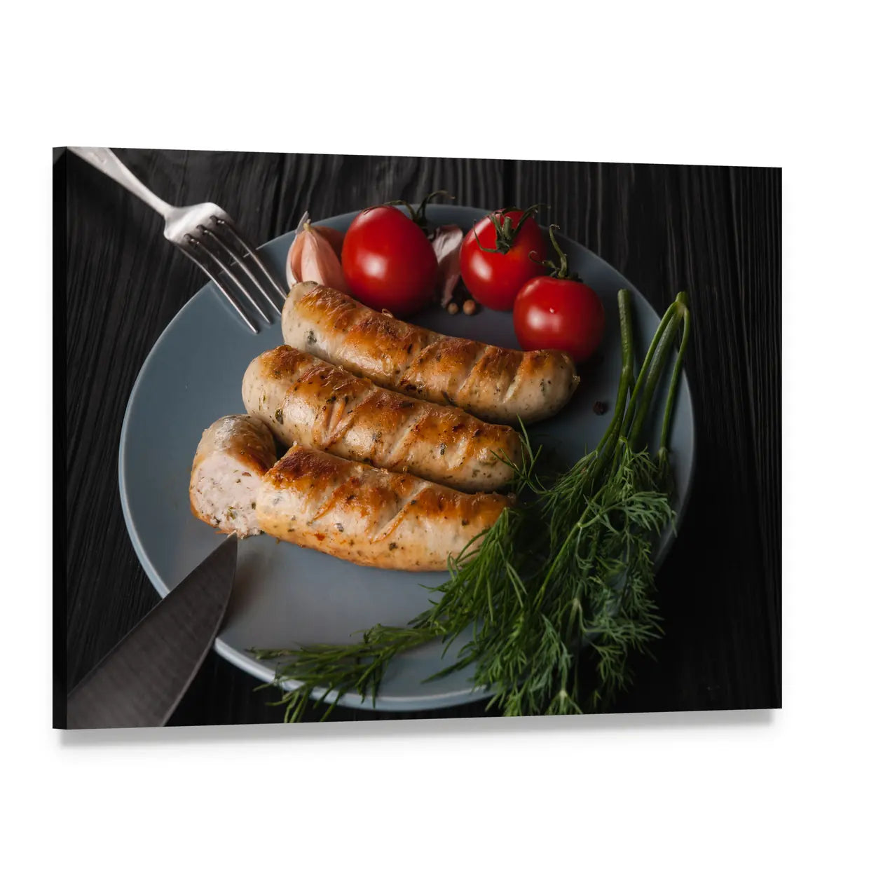 Three Grilled Sausages with Tomatoes and Dill Canvas Wall Art, single panel gallery wrapped canvas, angled product view