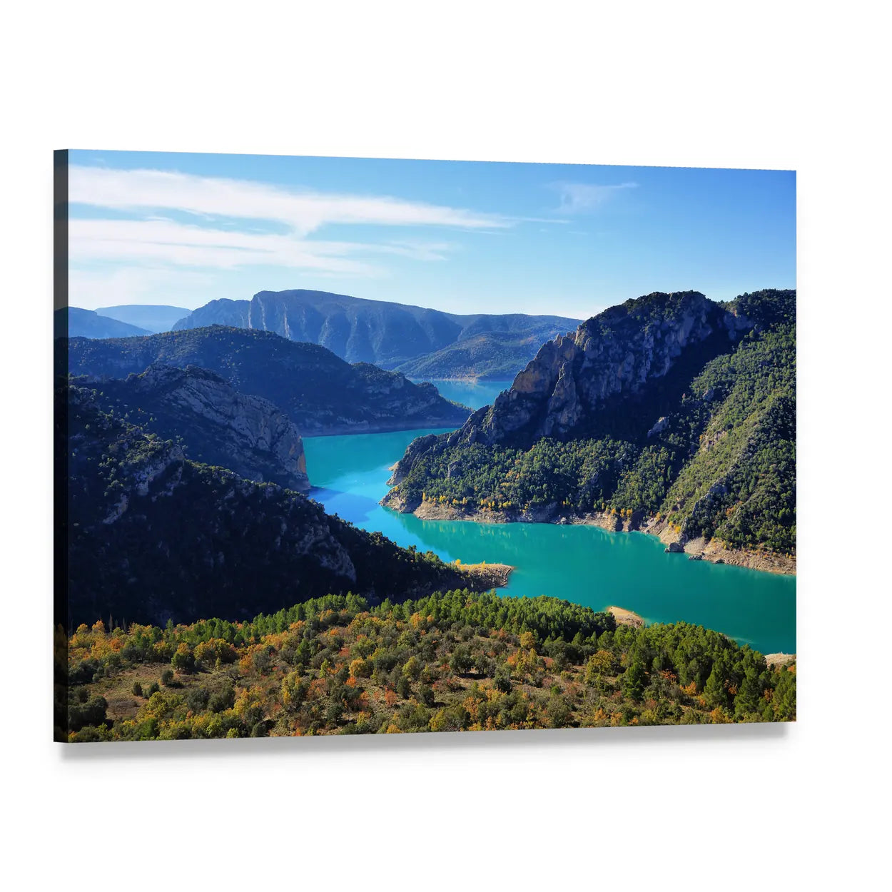 Winding Turquoise River Through Rugged Canyon Canvas Wall Art, single panel gallery wrapped canvas, angled product view