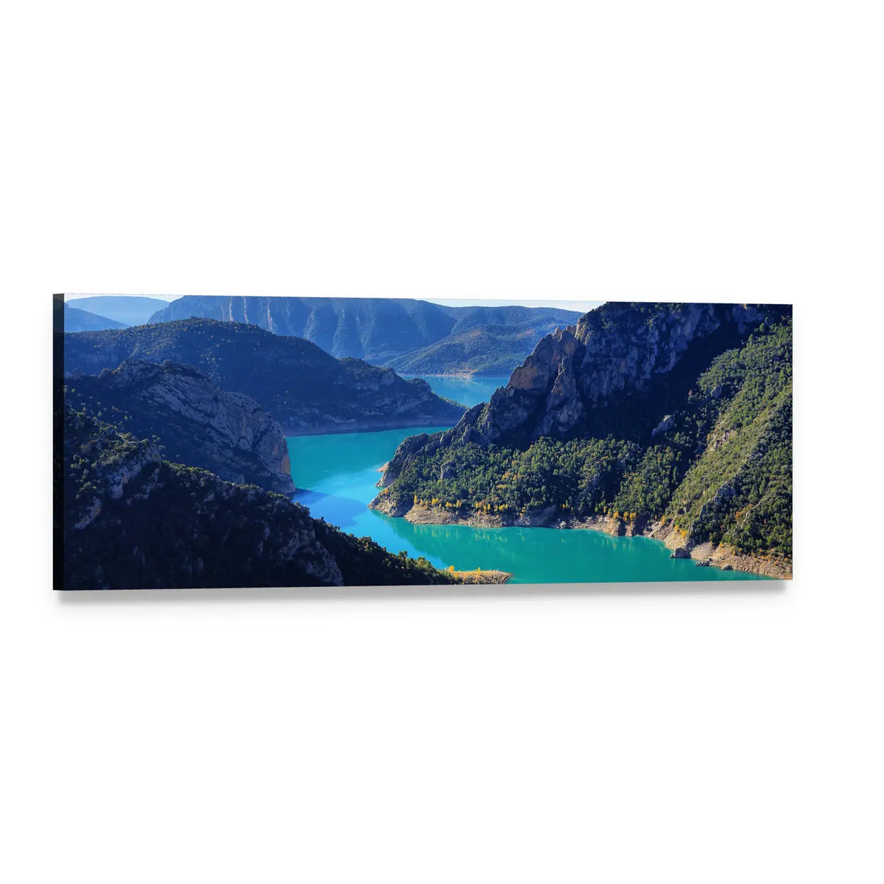Turquoise River Through Mountain Cliffs Panoramic Canvas Wall Art, single panel gallery wrapped canvas, angled product view