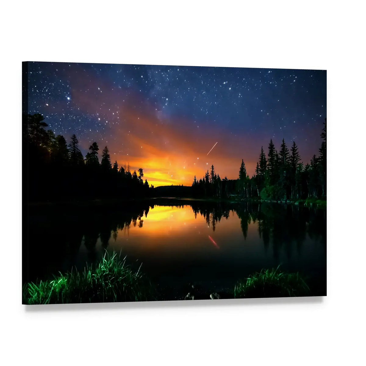 Milky Way Over Forest Lake at Dusk Canvas Wall Art, single panel gallery wrapped canvas, angled product view