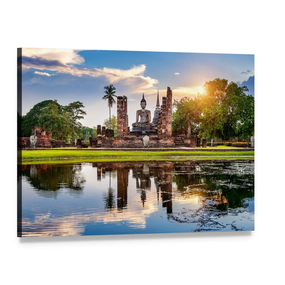 Wat Mahathat Temple Sunset Reflection Canvas Wall Art, single panel gallery wrapped canvas, angled product view