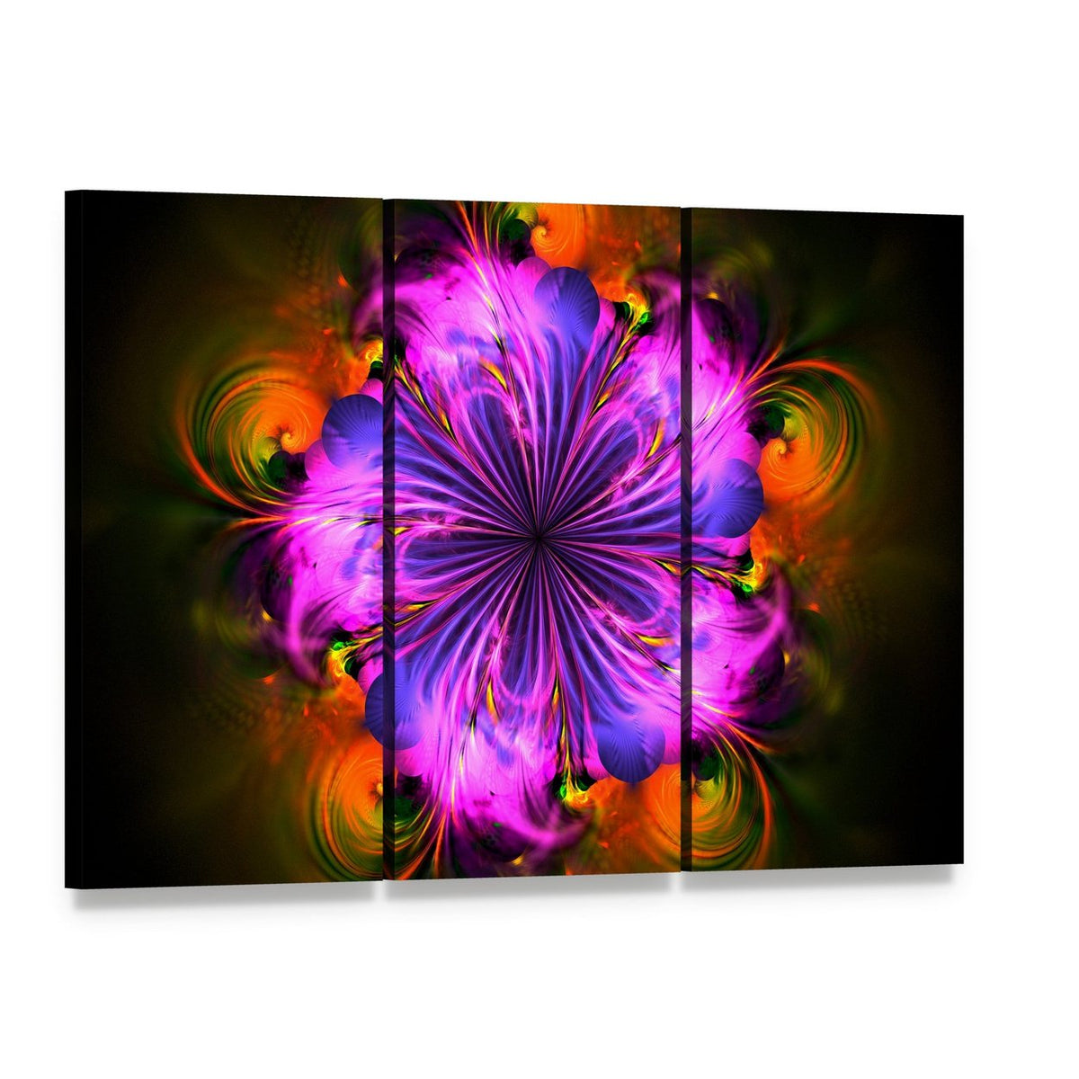 Vibrant Fractal Flower Canvas Wall Art, 3 panel 3 Horizontal layout gallery wrapped canvas set, angled product view
