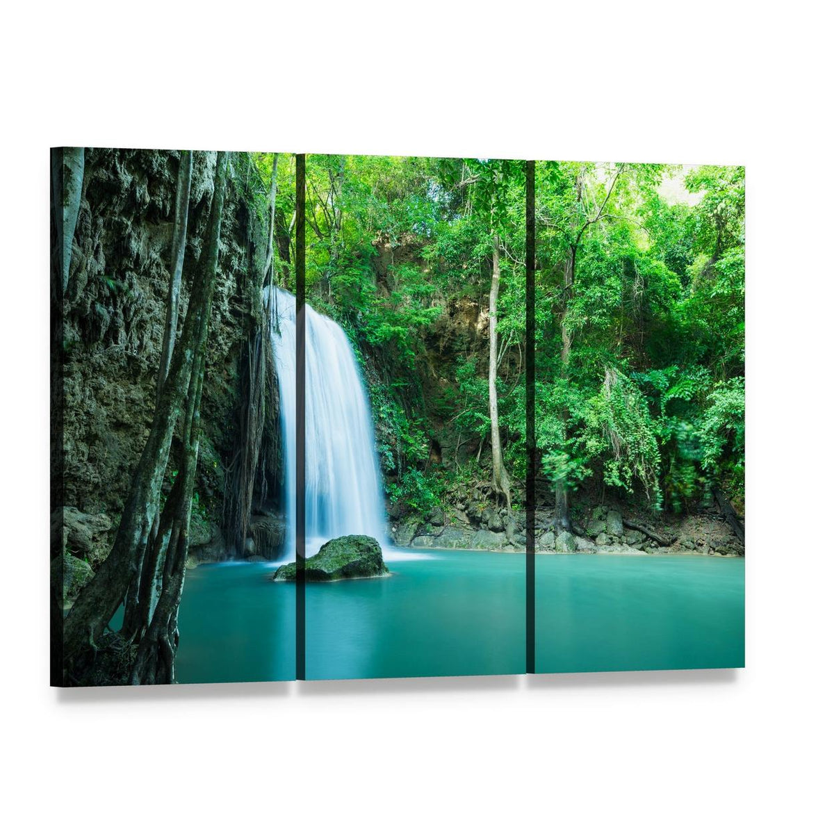 Erawan Tropical Waterfall Canvas Wall Art, 3 panel 3 Horizontal layout gallery wrapped canvas set, angled product view