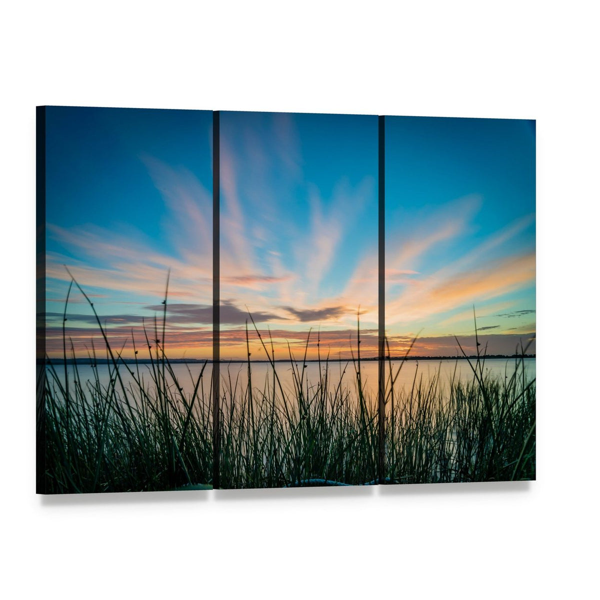 Blue Sky and Sunset Over Lake Canvas Wall Art, 3 panel 3 Horizontal layout gallery wrapped canvas set, angled product view