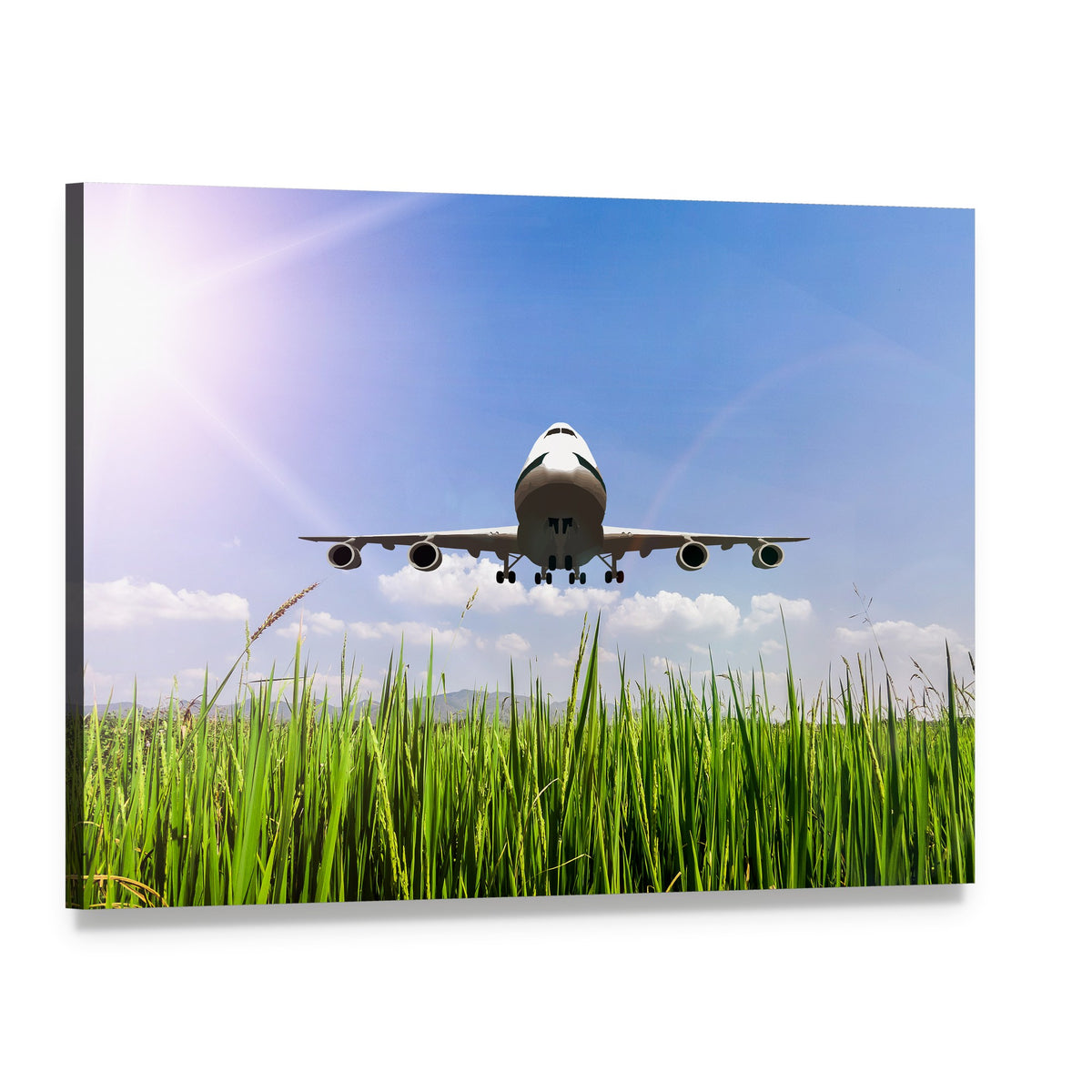 Commercial Airplane Over Blue Sky and Rice Fields Canvas Wall Art, single panel gallery wrapped canvas, angled product view