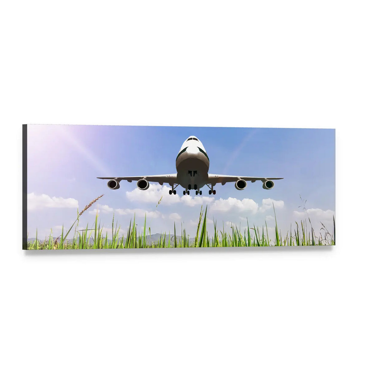 Jumbo Jet Taking Off Panoramic Canvas Wall Art, single panel gallery wrapped canvas, angled product view