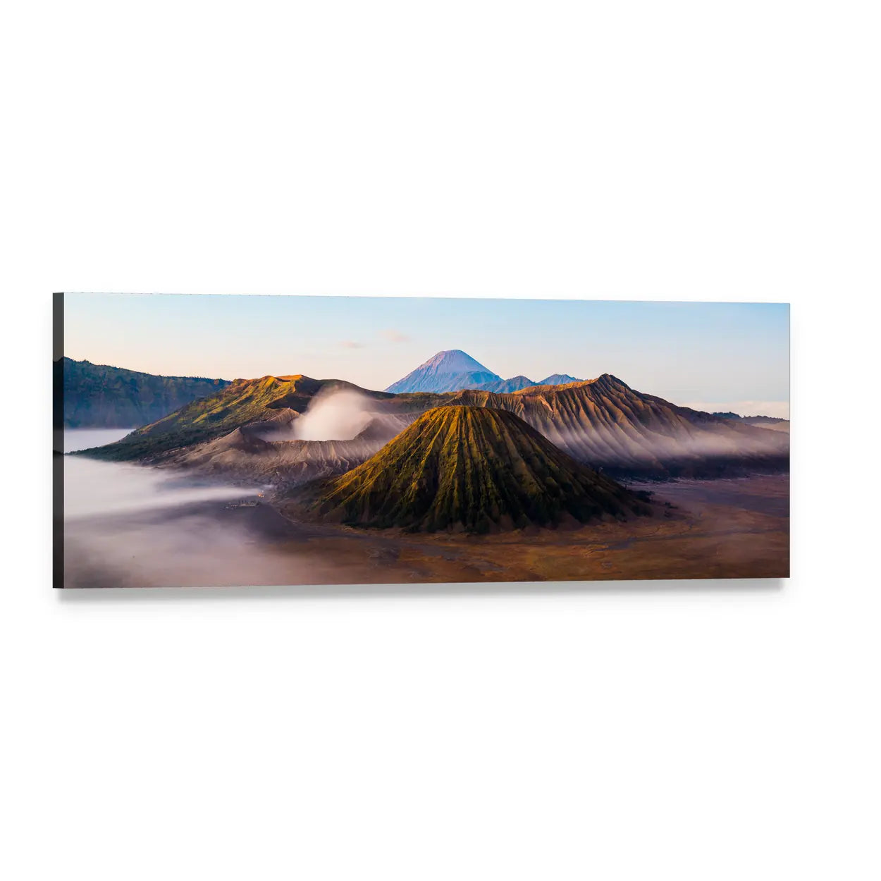 Mount Bromo Morning Mist Panoramic Canvas Wall Art, single panel gallery wrapped canvas, angled product view