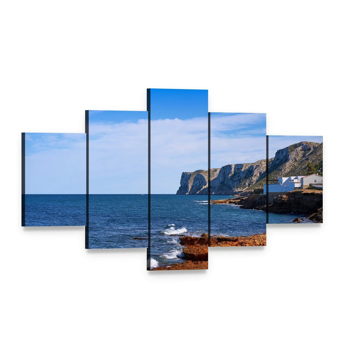 Cliffside Beach with White House Canvas Wall Art, 5 panel 5 Star layout gallery wrapped canvas set, angled product view