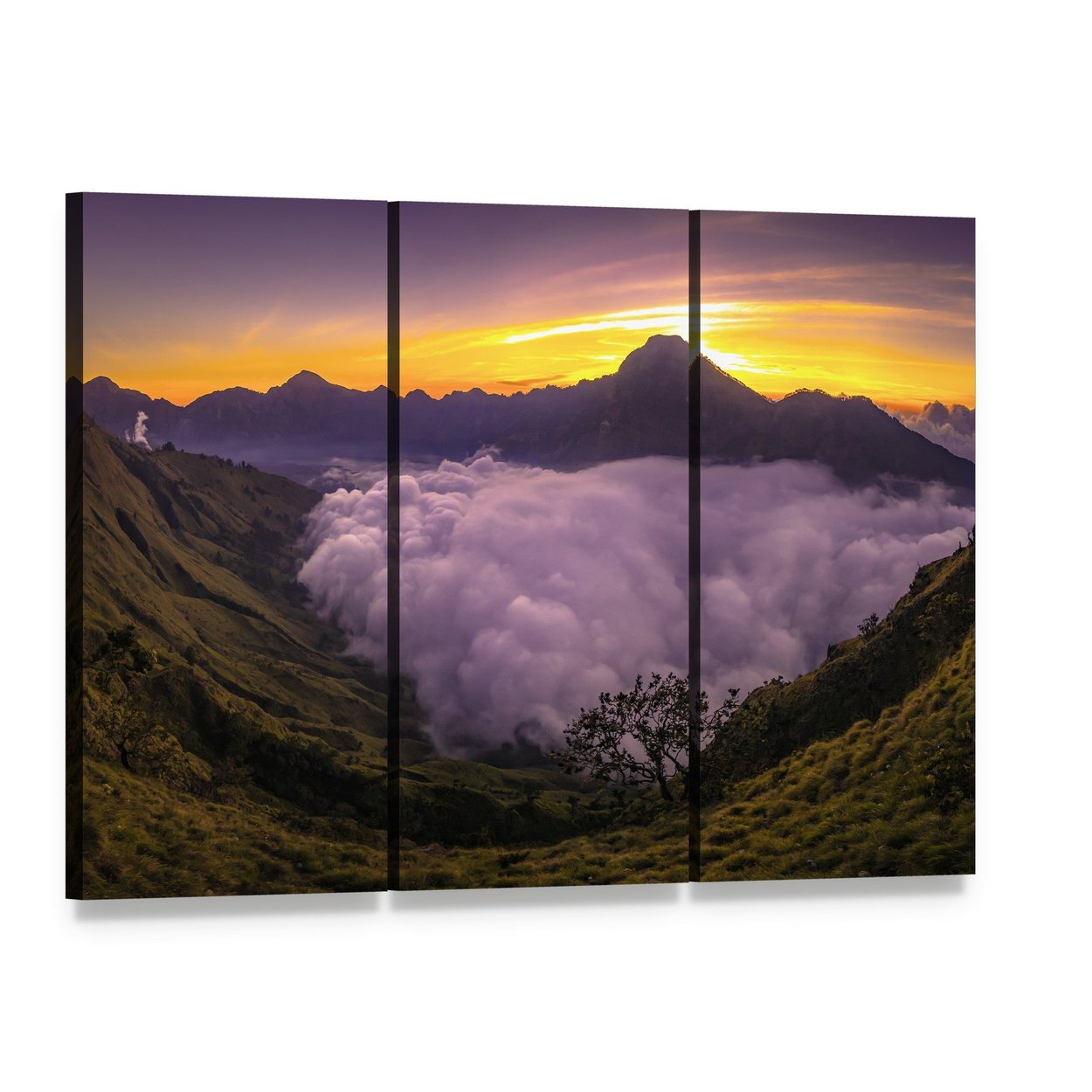 Sunset Mountain Valley with Foreground Tree Canvas Wall Art, 3 panel 3 Horizontal layout gallery wrapped canvas set, angled product view