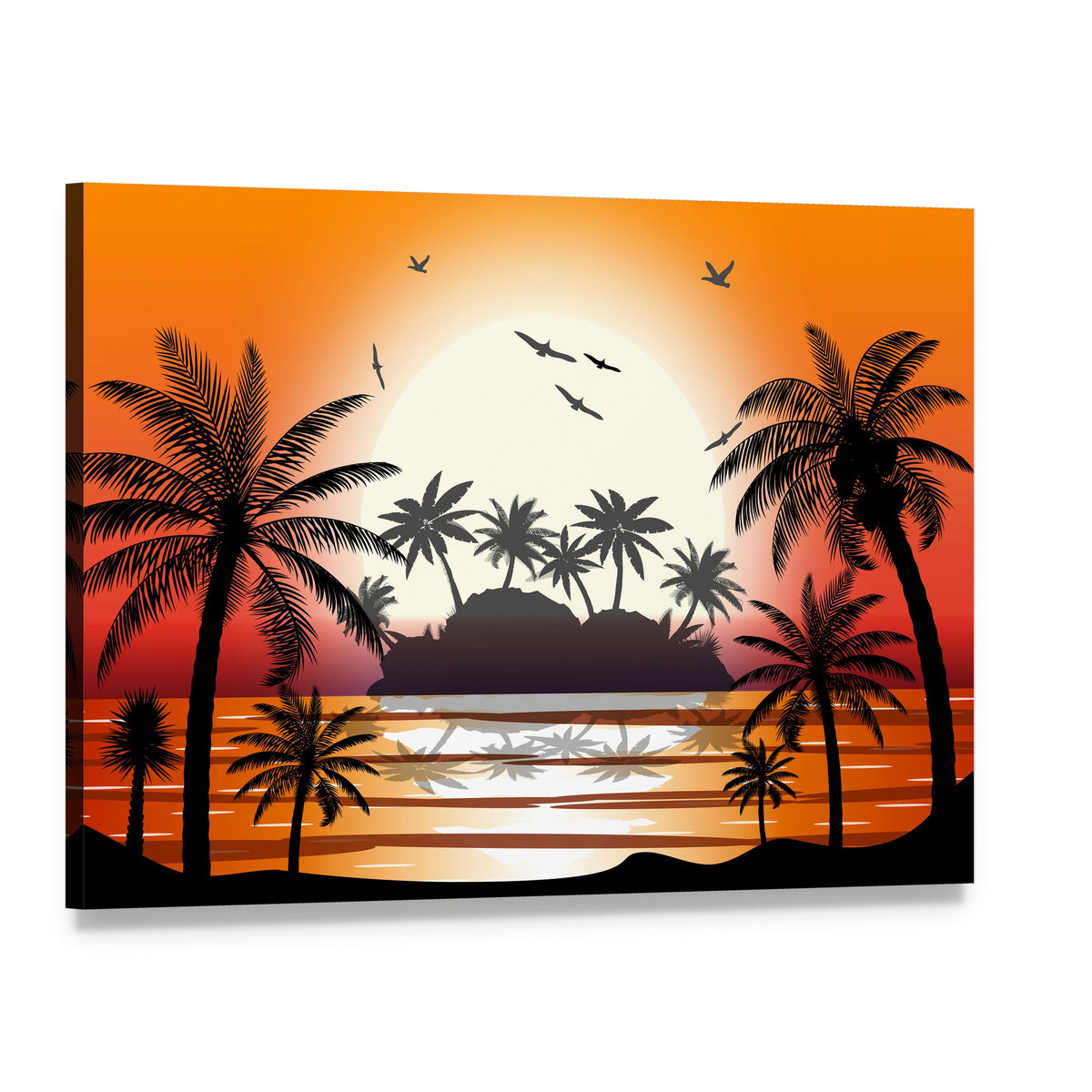 Silhouetted Palm Trees on Beach at Sunset Canvas Wall Art, single panel gallery wrapped canvas, angled product view