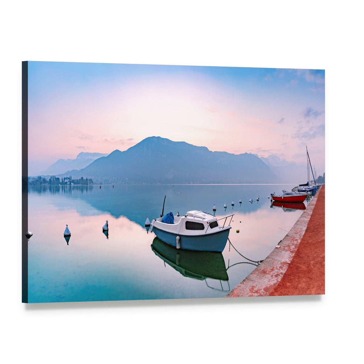 Annecy Lake Sunrise with White Boat Canvas Wall Art, single panel gallery wrapped canvas, angled product view