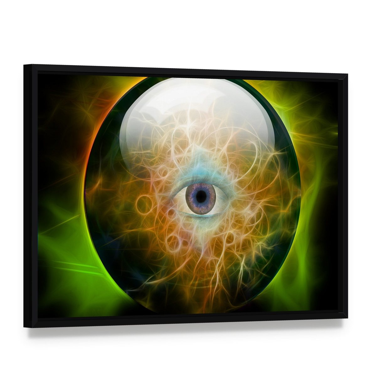 Eye in Crystal Orb Canvas Wall Art, framed canvas in a black floater frame, angled product view