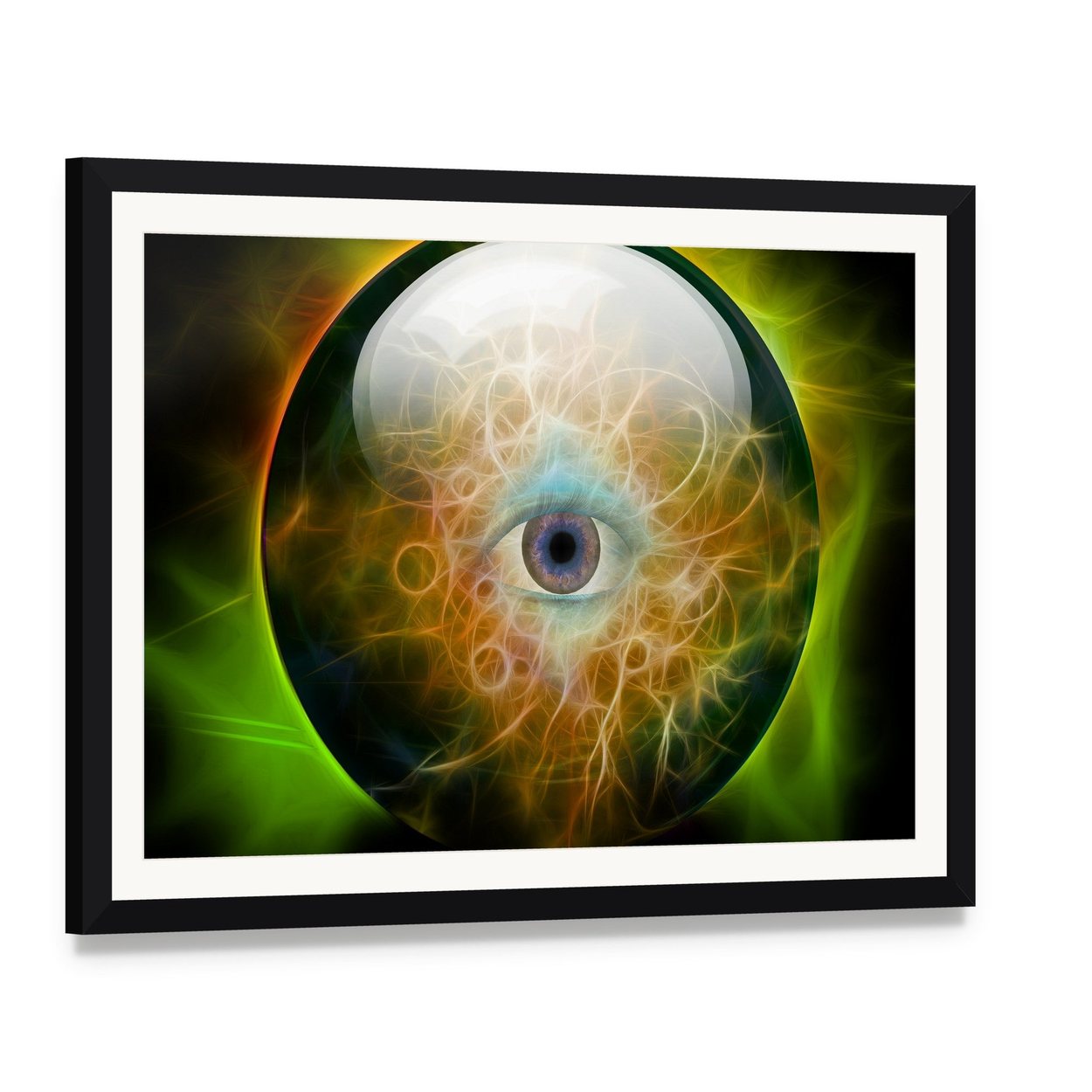 Eye in Crystal Orb Canvas Wall Art, framed print with white mat and black frame, angled product view
