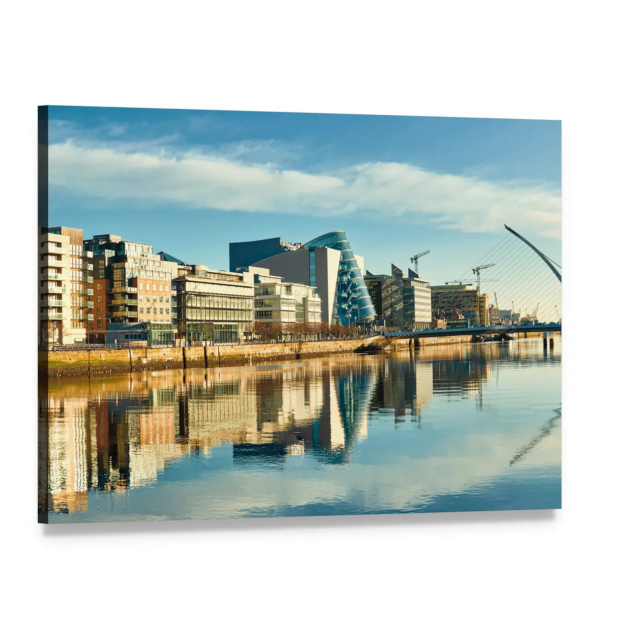 Riverside Cityscape with Tilted Glass Tower Canvas Wall Art, single panel gallery wrapped canvas, angled product view