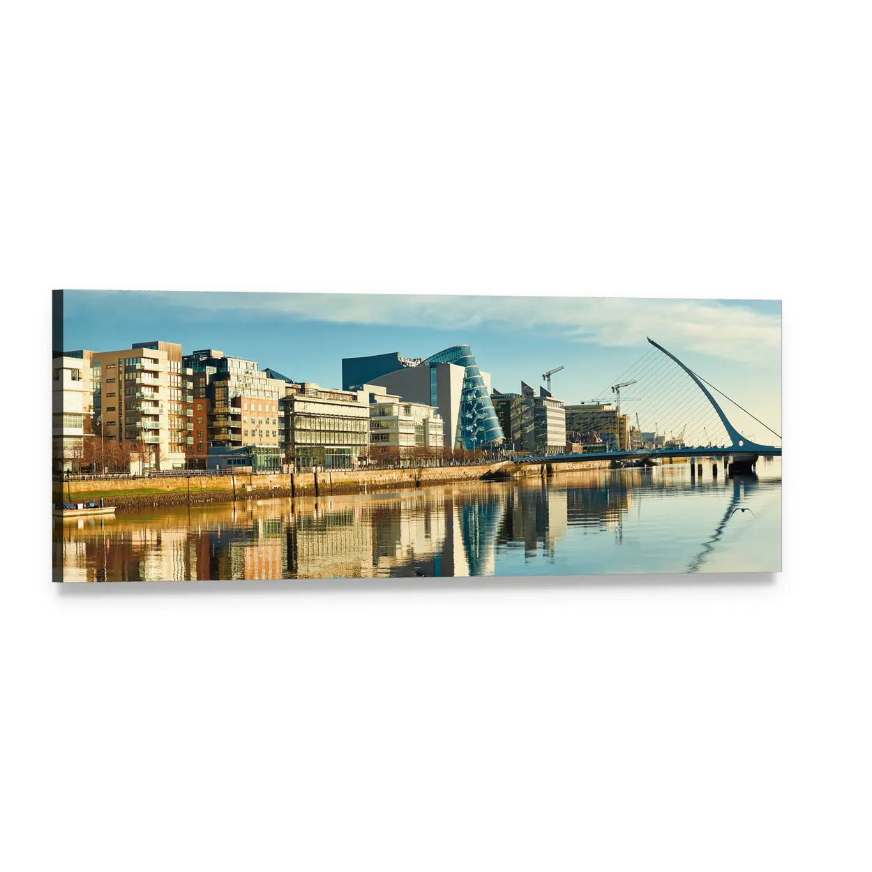 Samuel Beckett Bridge and River Liffey Dublin Panoramic Canvas Wall Art, single panel gallery wrapped canvas, angled product view