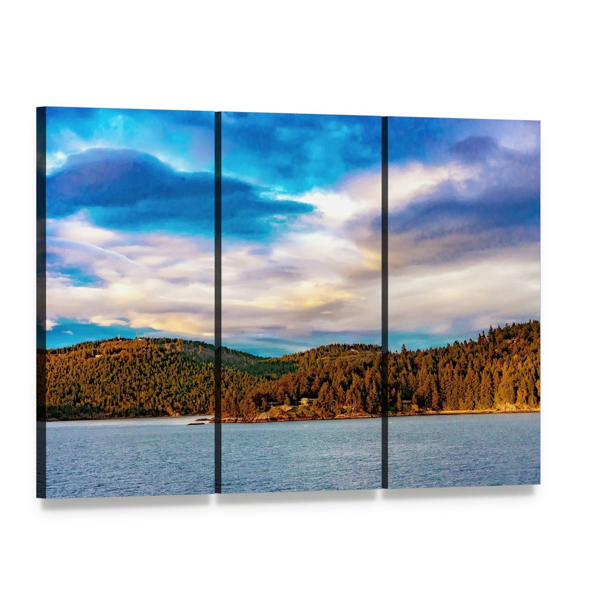 Evergreen Lake and Mountain Landscape Canvas Wall Art, 3 panel 3 Horizontal layout gallery wrapped canvas set, angled product view