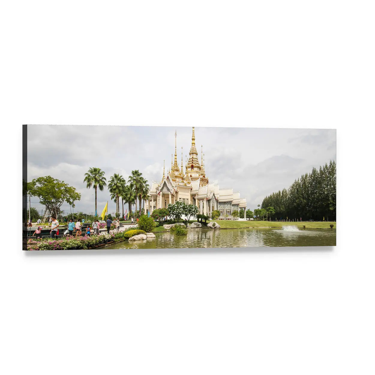 Thai Temple with Gold Spires Panoramic Canvas Wall Art, single panel gallery wrapped canvas, angled product view