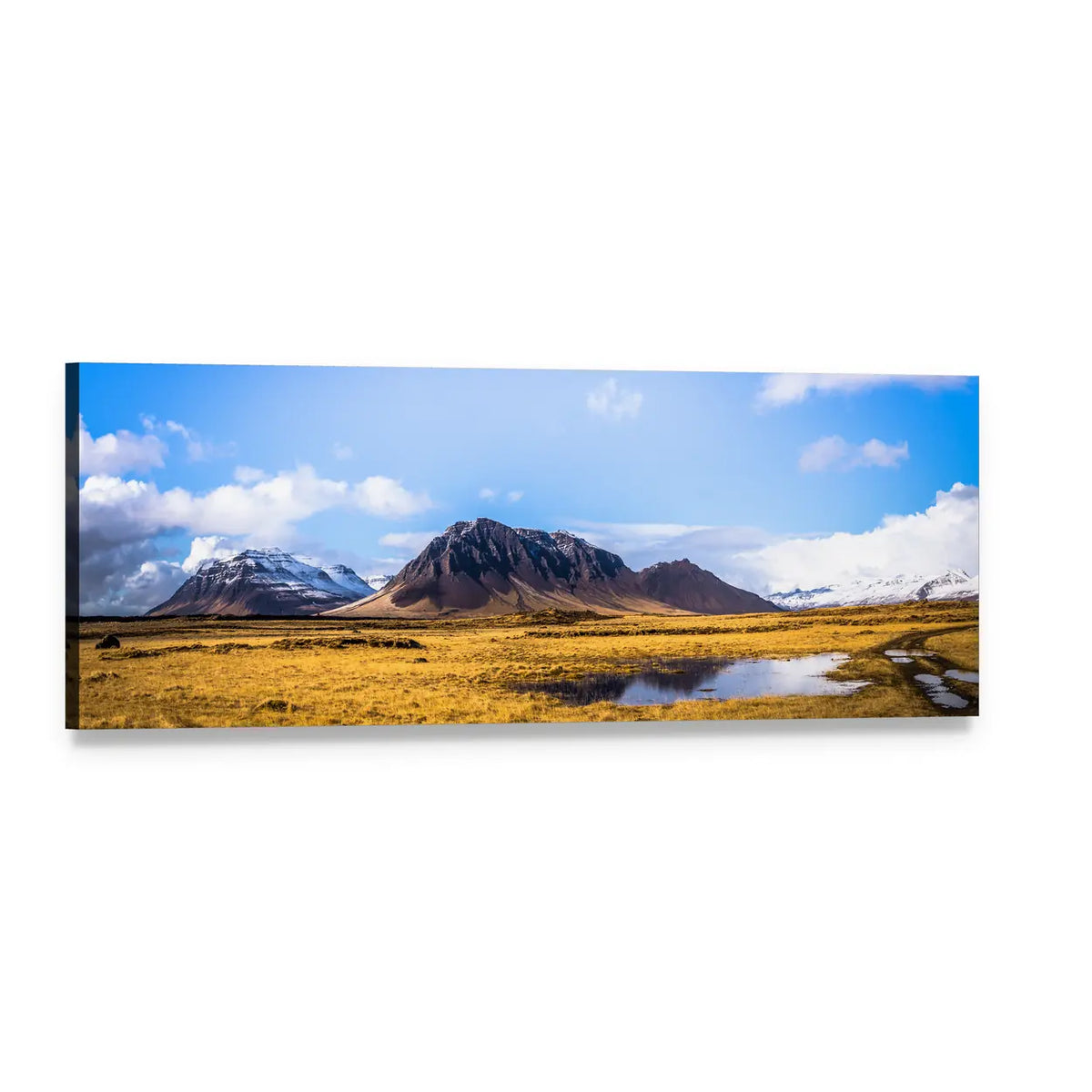 Snaefellsjoekull Snow-capped Mountains and Golden Field Panoramic Canvas Wall Art, single panel gallery wrapped canvas, angled product view