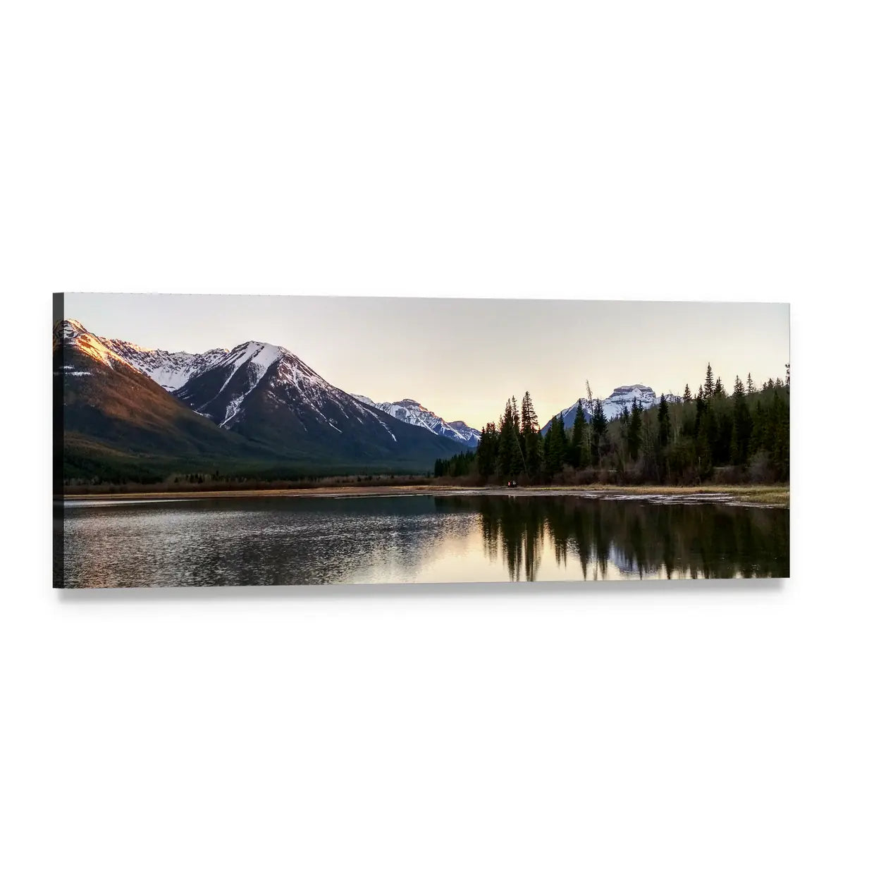 Spring Mountain Lake Reflection Panoramic Canvas Wall Art, single panel gallery wrapped canvas, angled product view