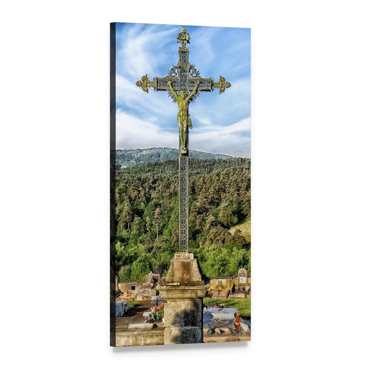 Ornate Stone Crucifix of Jesus in France Vertical Canvas Wall Art, 1 panel 1 Vertical layout gallery wrapped canvas set, angled product view