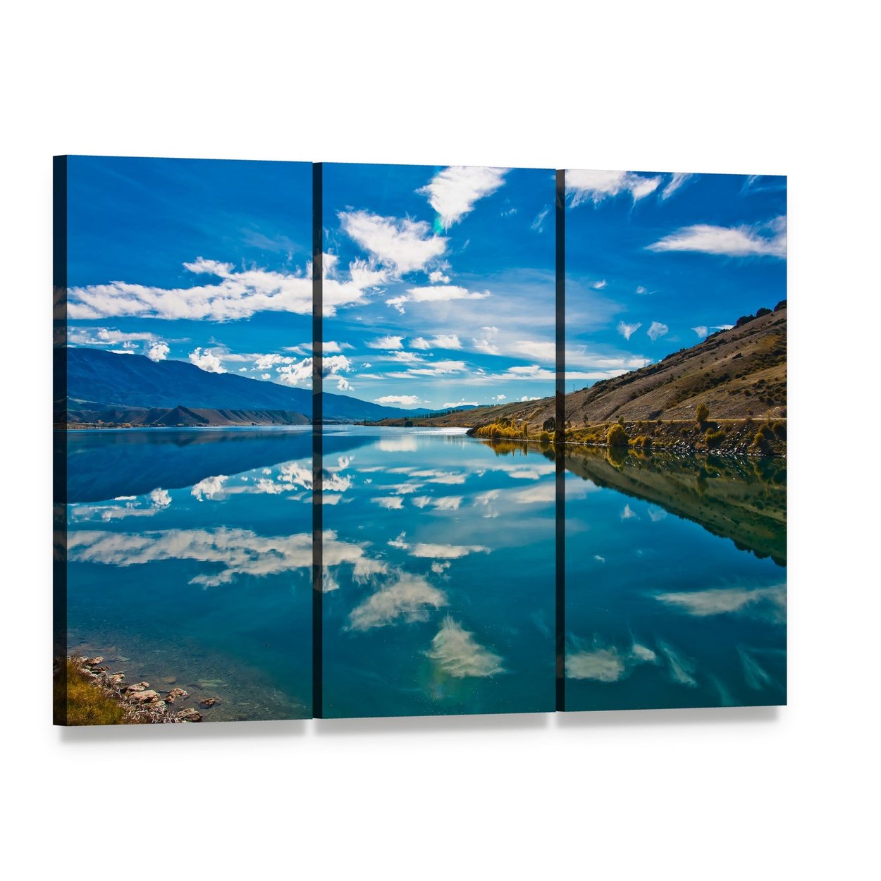 Mountain Lake Reflection Canvas Wall Art, 3 panel 3 Horizontal layout gallery wrapped canvas set, angled product view