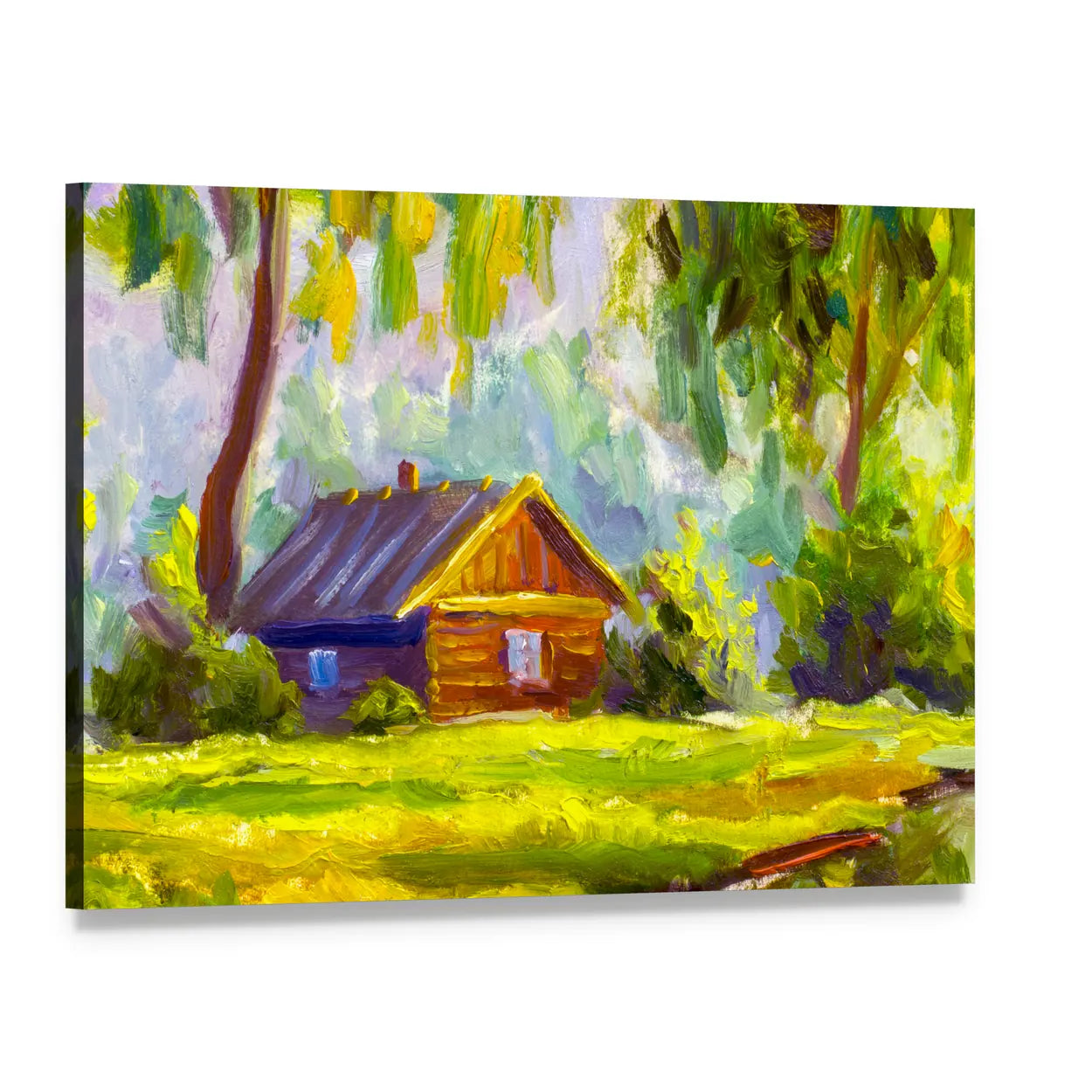 Rustic Wooden Cabin by the Lake Canvas Wall Art, single panel gallery wrapped canvas, angled product view