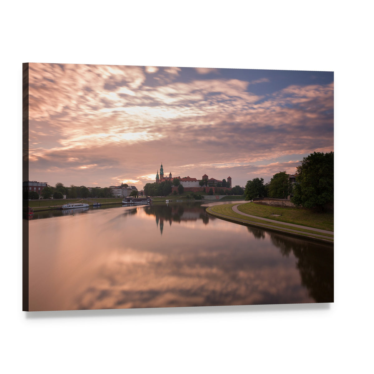 Riverside Sunrise Over Historic City Canvas Wall Art, single panel gallery wrapped canvas, angled product view