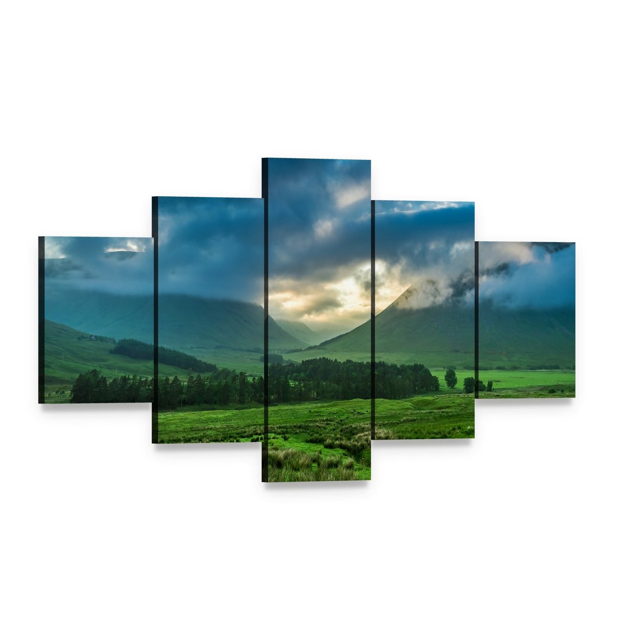 Foggy Sunset in Glencoe Canvas Wall Art, 5 panel 5 Star layout gallery wrapped canvas set, angled product view
