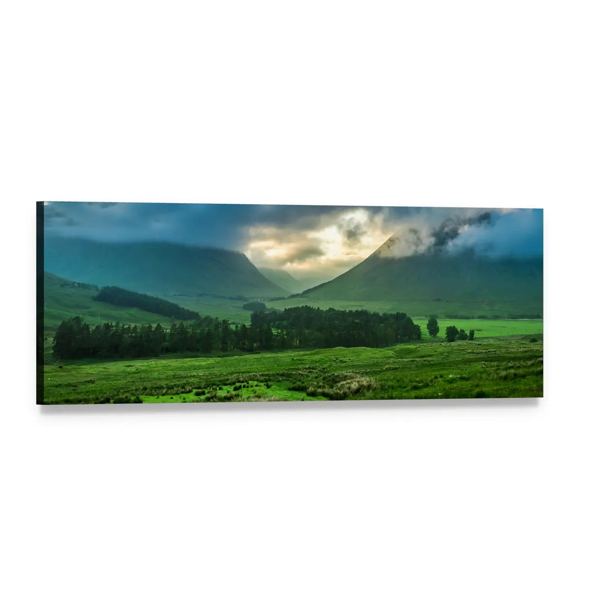 Foggy Sunset Over Rolling Green Hills Panoramic Canvas Wall Art, single panel gallery wrapped canvas, angled product view