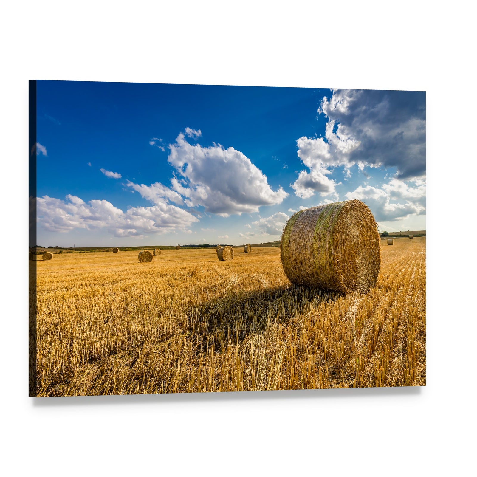 Yellow Hay Bale in a Summer Field Canvas Wall Art, single panel gallery wrapped canvas, angled product view