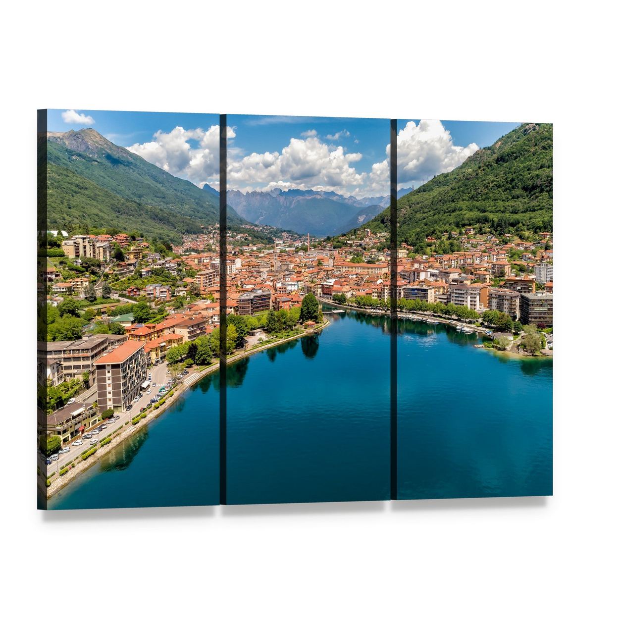 Aerial View of Omegna Lake and Town Canvas Wall Art, 3 panel 3 Horizontal layout gallery wrapped canvas set, angled product view