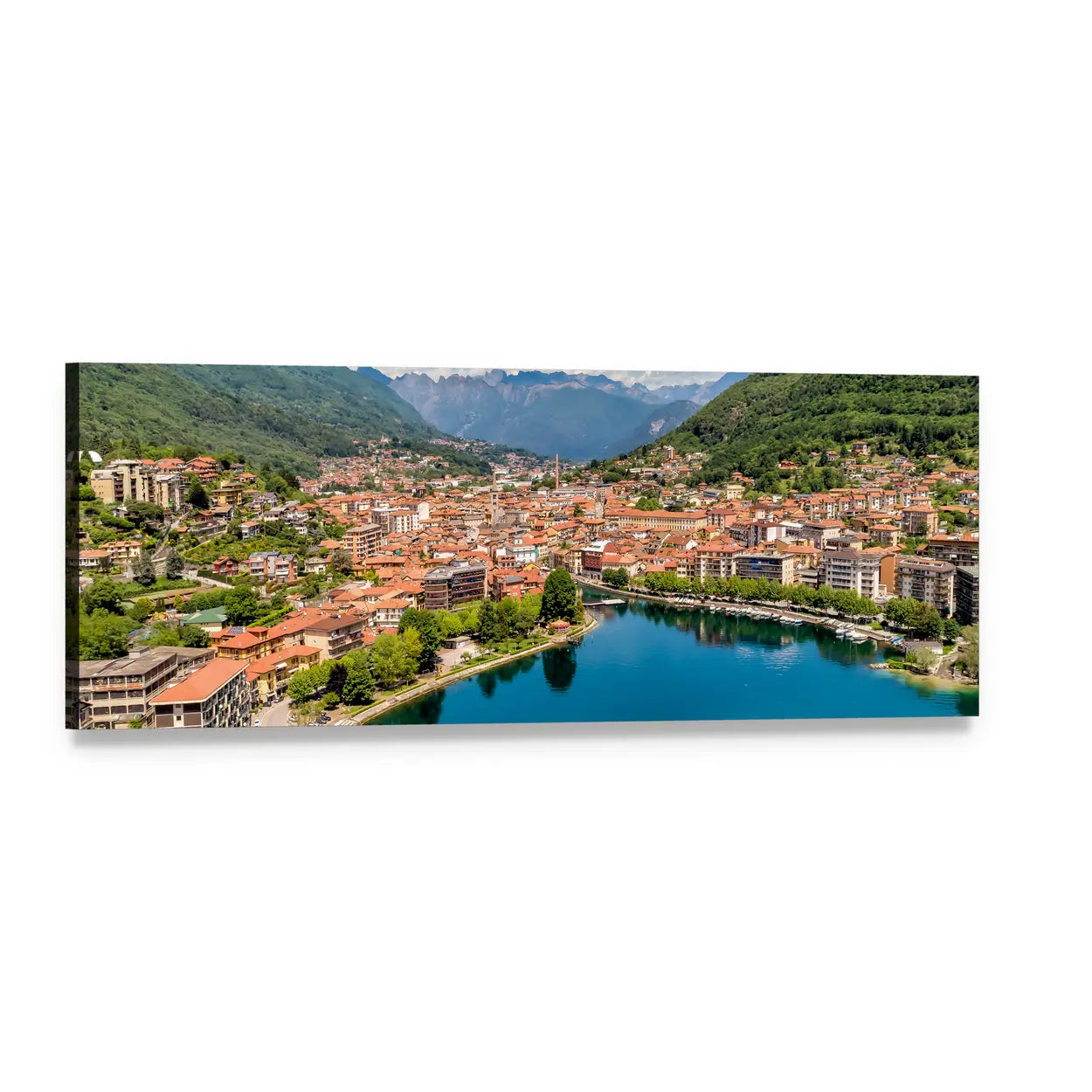 Aerial View of Italian Lakeside Town Panoramic Canvas Wall Art, single panel gallery wrapped canvas, angled product view
