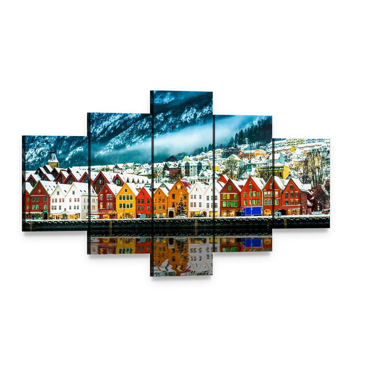 Bergen Waterfront in Winter Canvas Wall Art, 5 panel 5 Star layout gallery wrapped canvas set, angled product view
