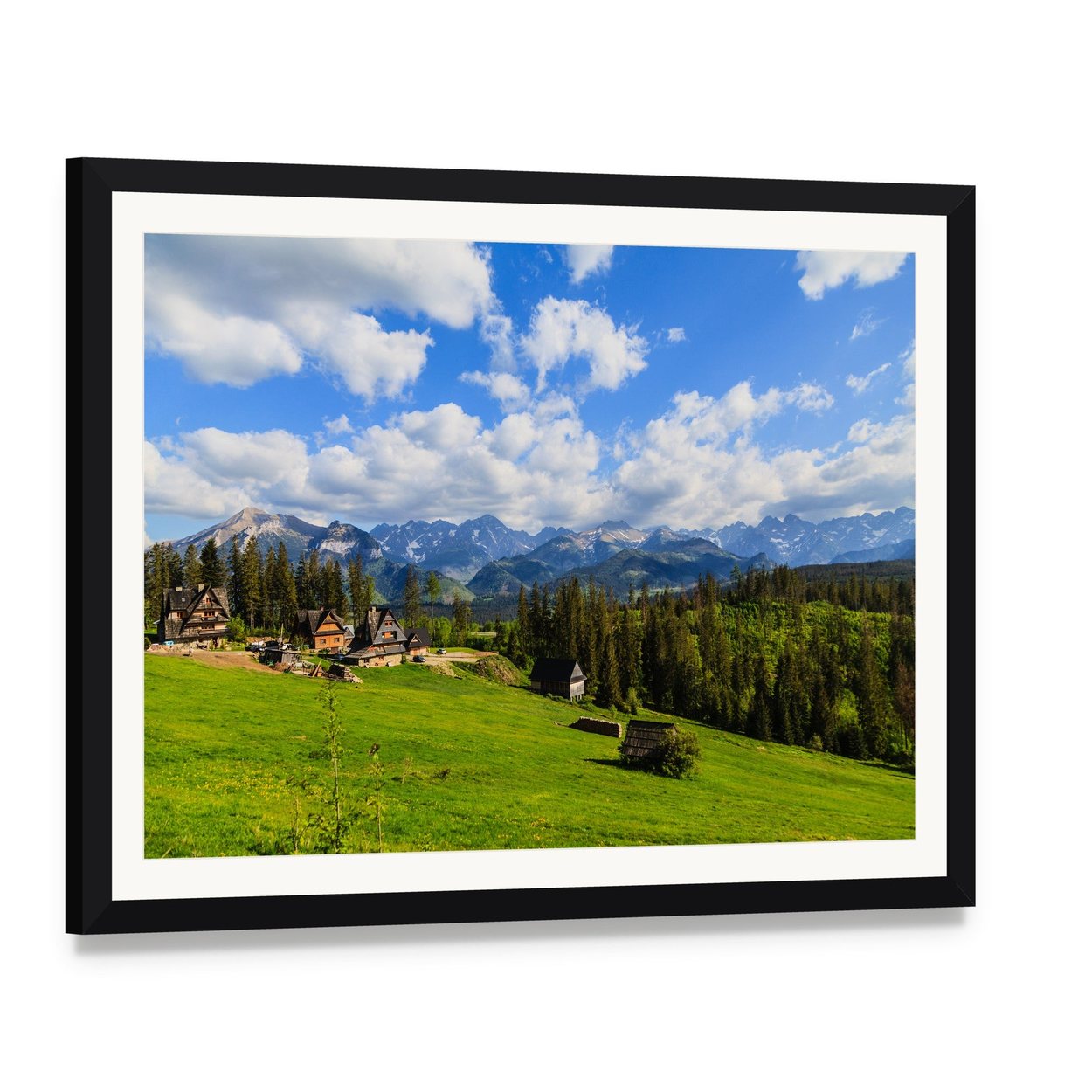 Tatra Mountains in Spring Canvas Wall Art, framed print with white mat and black frame, angled product view