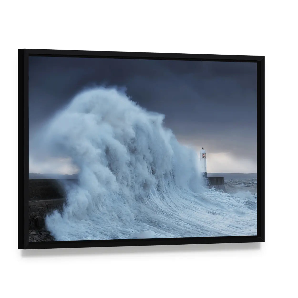 Hurricane Storm Brian Lands On Porthcawl Coast Of South Wales UK Canvas Wall Art, framed canvas in a black floater frame, angled product view