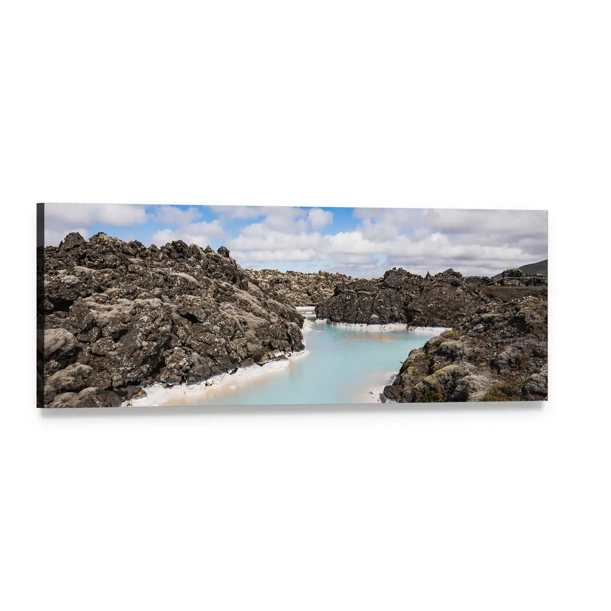 Blue Lagoon Iceland Geothermal Landscape Panoramic Canvas Wall Art, single panel gallery wrapped canvas, angled product view