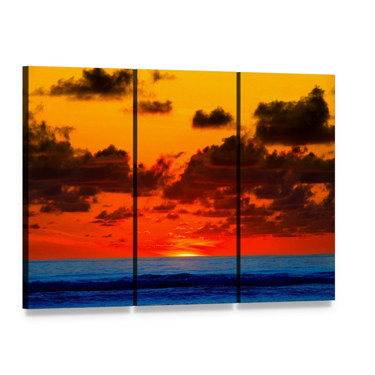 Red Sky Over Ocean Canvas Wall Art, 3 panel 3 Horizontal layout gallery wrapped canvas set, angled product view