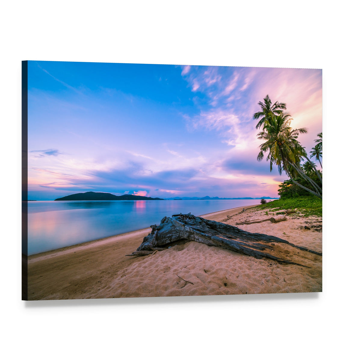 Tropical Beach with Driftwood at Sunset Canvas Wall Art, single panel gallery wrapped canvas, angled product view