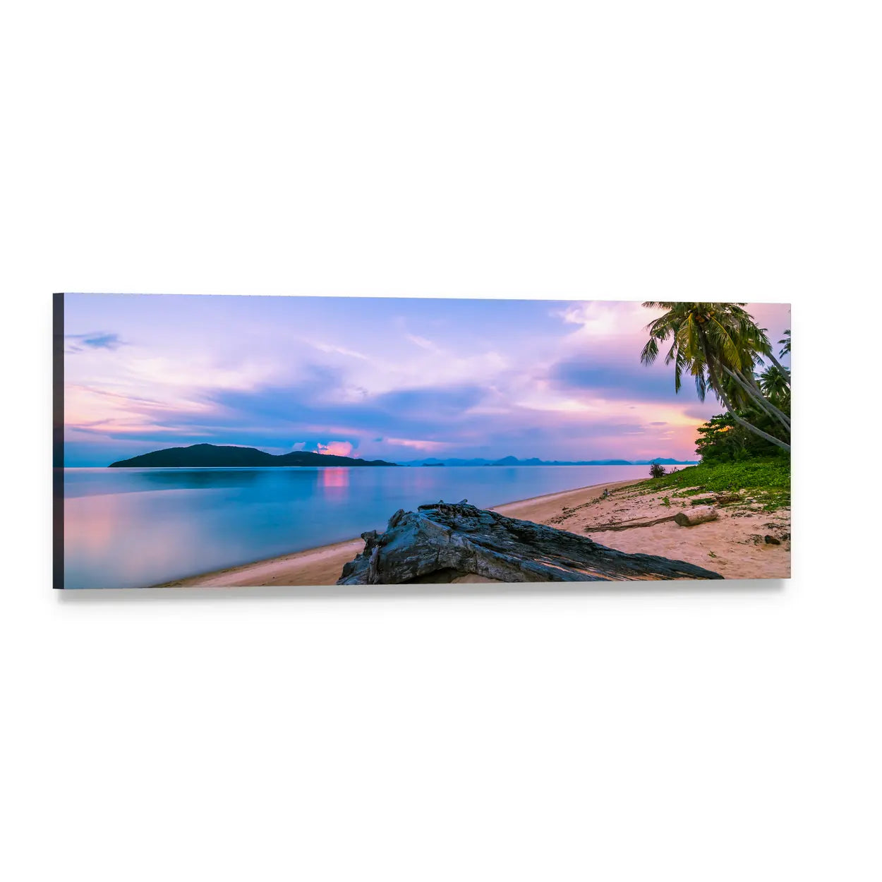 Tropical Beach at Twilight Panoramic Canvas Wall Art, single panel gallery wrapped canvas, angled product view