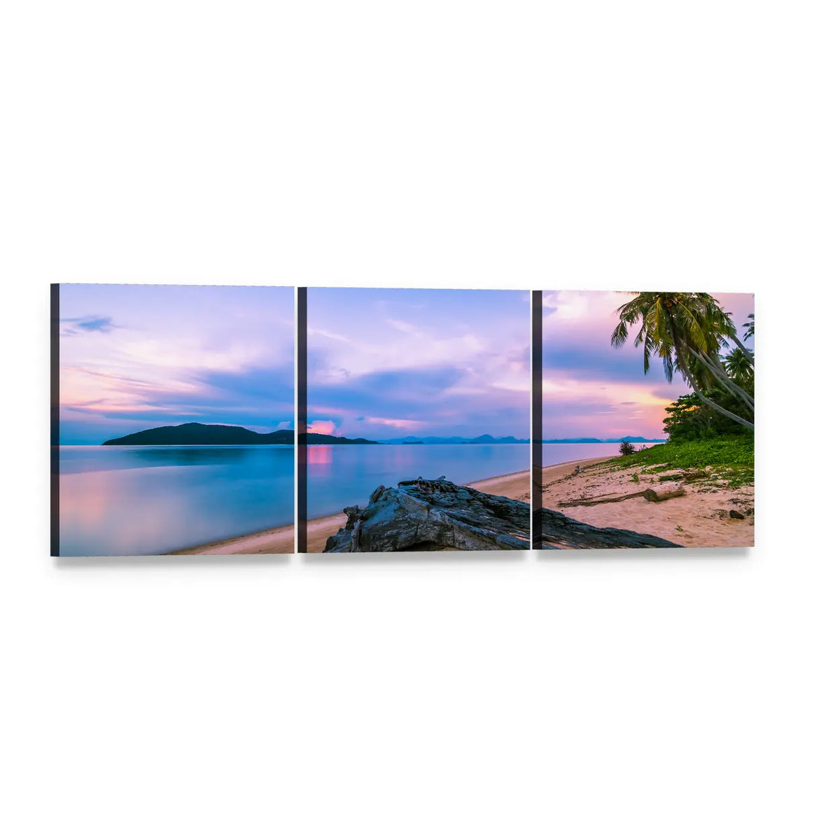 Tropical Beach at Twilight Panoramic Canvas Wall Art, 3 panel 3 Piece layout gallery wrapped canvas set, angled product view